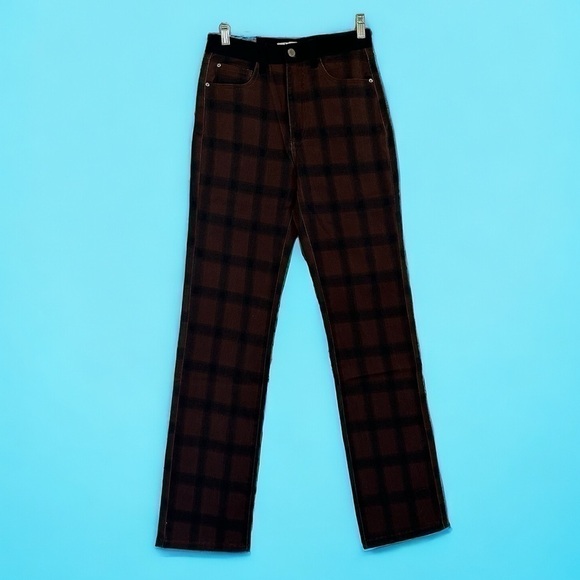 NWT WeWoreWhat color block icon jean brown and navy check plaid 70s inspired - Picture 1 of 10